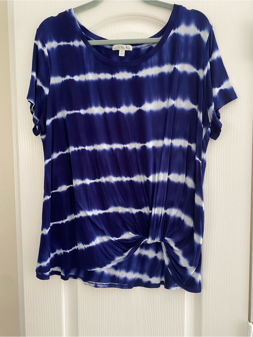 nine britton Blue and White Tie-Dye Knot Front Short Sleeve Top